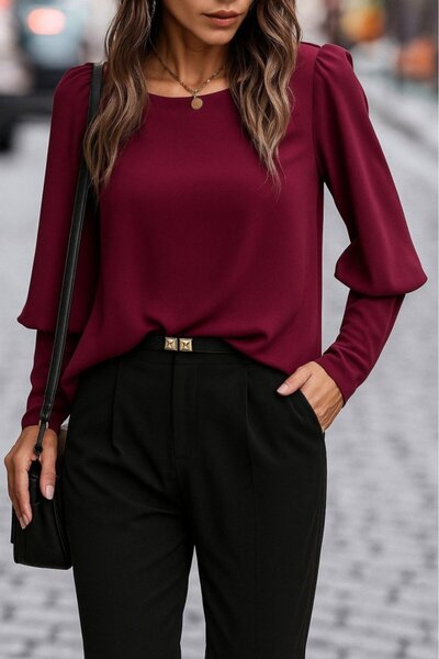 Zerenyus بلوزة نسائية بأكمام طويلة وياقة مستديرة وأزرار من قماش الكريب المستورد