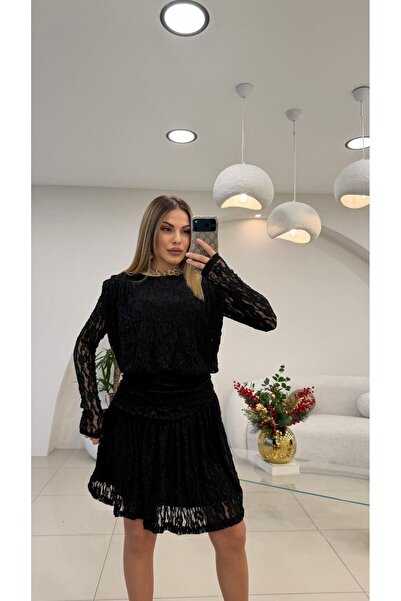 Şulenin Butiği SİYAH GÜPÜRLİ MİDİ ELBİSE