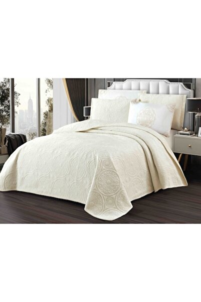 MHR Velvet Bedspread Set 5 Pieces, Circular Relief Model 220x240 cm, 4 Pillowcases 50x70 cm, WHITE