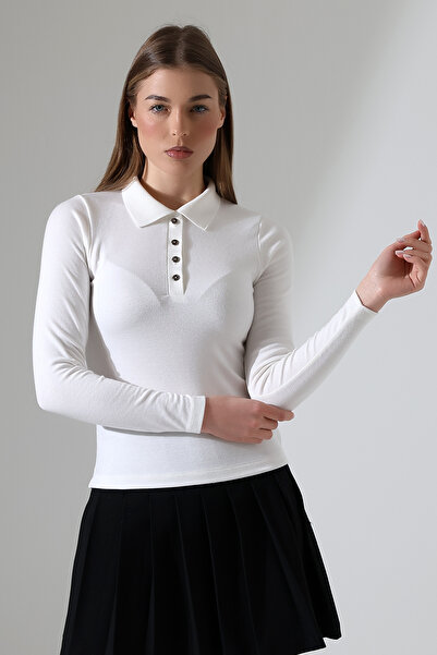 Şiir Kovin Women's Slim Fit Soft Textured Polo Neck Buttoned Long Sleeve Swea...