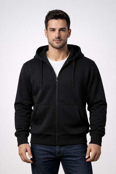 MODA Relax Fit Rahat Kesim Fermuarlı Çift Cep Kapüşonlu Siyah Ceket