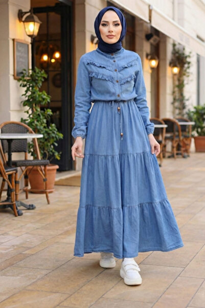 Hb Harma Time Butik Women's Ruffle Detailed Lace-Up Light Denim Blue Denim Dress