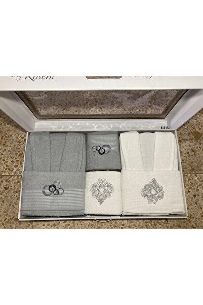 AK HOME TEXTİLE ÇİFT KİŞİLİK BORNOZ TAKIMI NAKIŞLI (Beyaz-Gri)