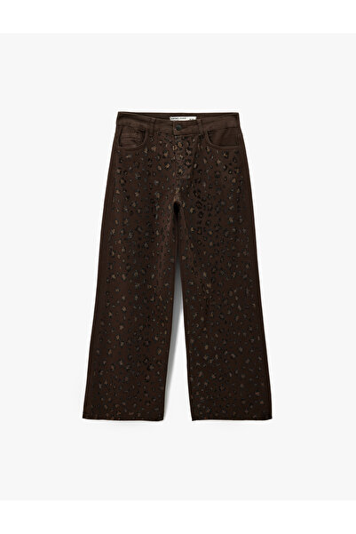 Koton Cepli Pamuklu Leopar Desenli Taş İşlemeli Jean Pantolon - Loose Fit Jean