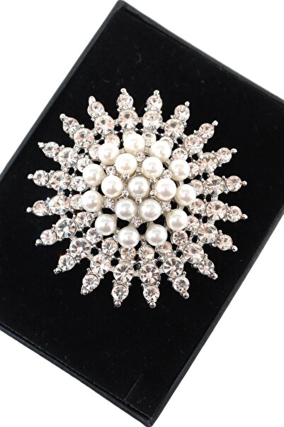 KEEBA İncili güneş broş, gümüş renkli kristal taşlı güneş ışıltısı kadın yaka...