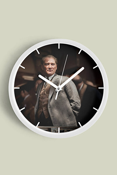 JHAAR Atatürk Temalı Dekoratif Modern Duvar Saati - 42cm - Önü Camlı Beyaz Ka...