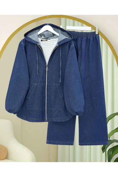 Modamorfo Hooded Front Zipper Pocket Jeans Set with Elastic Sleeves - Indigo