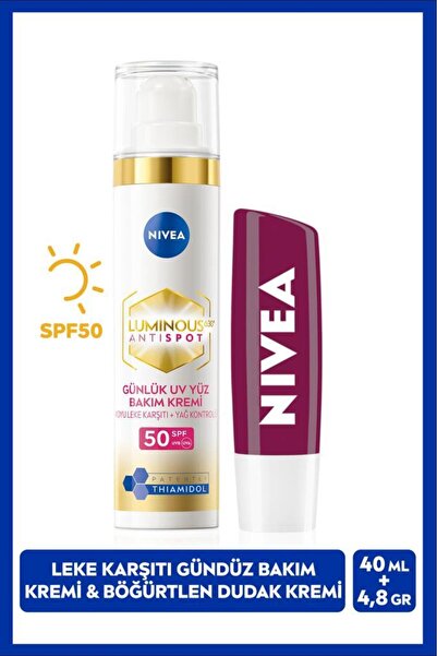 NIVEA Luminous630 Güneş Korumalı Leke Karşıtı Gündüz Yüz Kremi 40ml, Böğürtlen Renkli Dudak Bakım Kremi