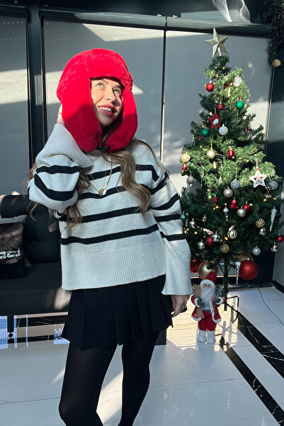 PİCCO Peluş Suni Kürk Görünümlü Kadın Kırmızı Şık Kışlık Kulaklıklı Çıtçıtlı ...