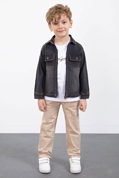 Cansın Mini Black Zippered Jean Jacket Boys' 3-Piece Suit with Pants 23387