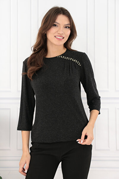 Vanessa Line RO Anthracite gray blouse with ivory details at the neckline