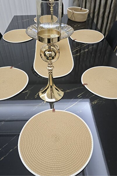 KAAN HOME 6’lı Supla 1 Runner 1 Kapaksız Kurdeleli Ekmek Sepeti Seti Bej Krem...