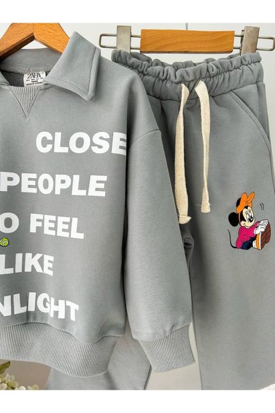 kr kids Girl's Gray Printed Tracksuit Set – Cotton, Comfortable Fit, Casual Sports Set (2-8 Years)
