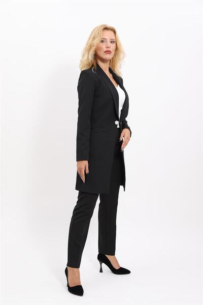 ÖNDER ÖZSOY بدلة نسائية محتشمة - سترة طويلة مع جيوب وياقة شال وبنطلون ضيق - ل...