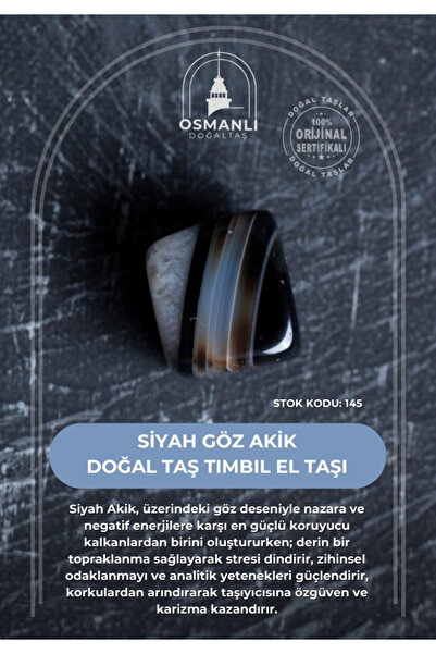 OSMANLI DOĞAL TAŞ Sertifikalı Siyah Göz Akik Doğal Taş Tımbıl El Taşı (SK:145)