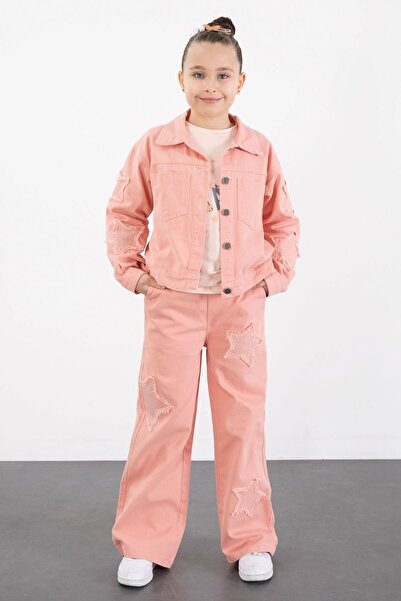 Cansın Mini طقم بناتي مكون من 3 قطع من سالمون كولز ستار ستون جين كيت مع جاكيت 23426