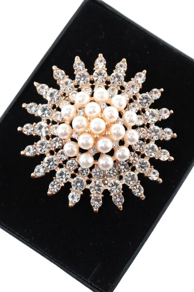 KEEBA İncili güneş broş, gold renkli kristal taşlı güneş ışıltısı kadın yaka ...