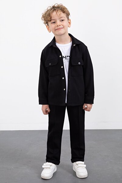 Cansın Mini Boy's 3-Piece T-Shirt Set with Black Snap-Button Shirt 23378