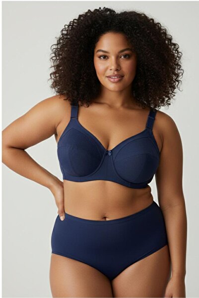 enmodaiçgiyim Navy Blue Plus Size Wire Free Non-Padded Patterned Shaping / Sculpting Bra C Cup Minimizer Everyday Comfort