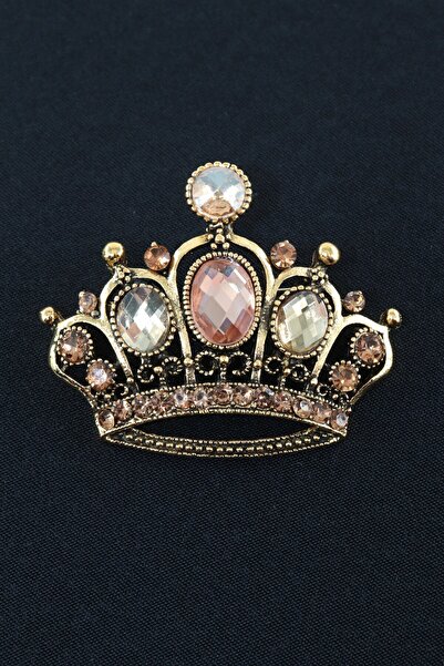 KEEBA Işıltılı Kraliçe Tacı Broş, Şampanya ve gül tonlu kristal taşlı vintage...