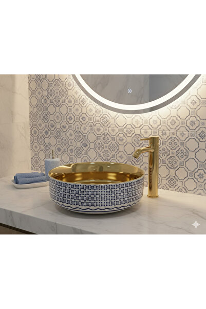 KAVİTİCARET Gold Detaylı Oval Lüx Çanak Lavabo, Modern Çanak Lavabo Taşı (36x36x12)