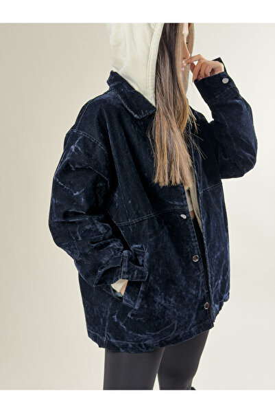 COCOPELLI سترة نسائية من جلد الغزال باللون الأزرق الداكن COC2626