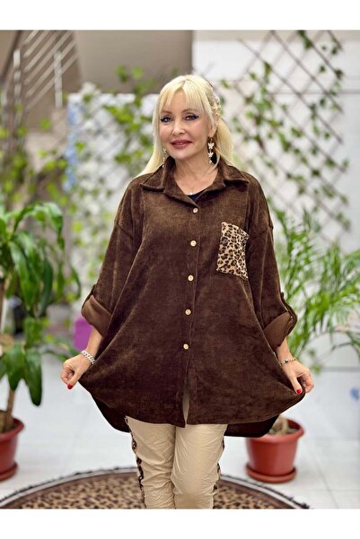 Punta Otantik Nc25198 Pocket Leopard Detailed Velvet Shirt Brown