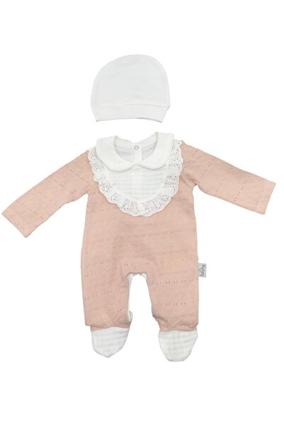 Baby day سالوبيت مواليد أنيق من القطن الناعم بتفاصيل دانتيل وقبعة مطابقة