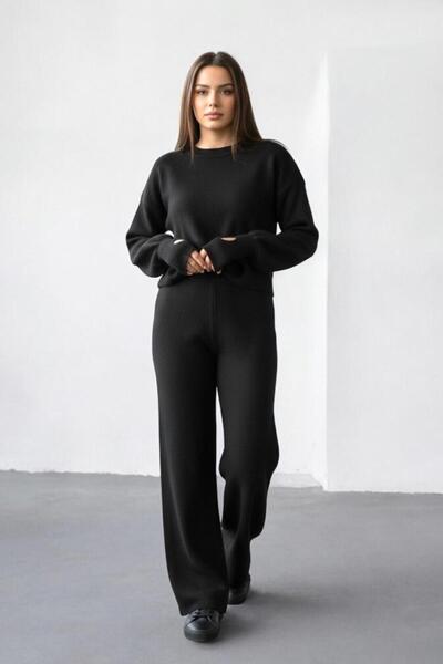 NEWCO Set de două piese din tricot supradimensionat cu textura acrilică, pantaloni cu picioare largi, negri