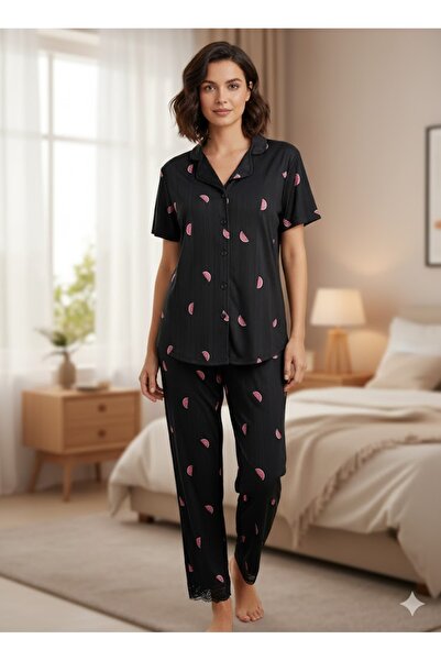 FAMES PİJAMA Women's Watermelon Detailed Buttoned Pajama Set