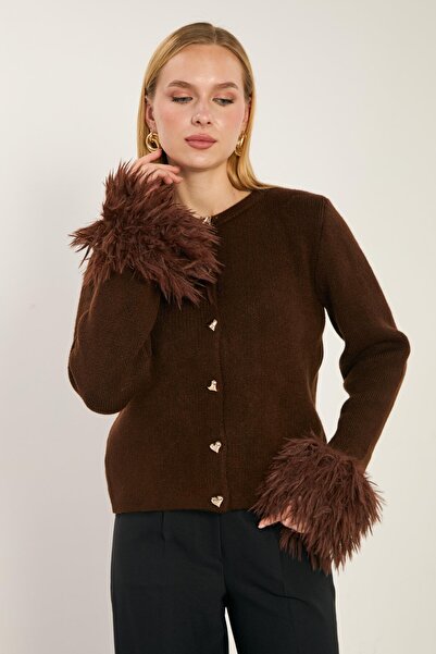 BARRELS AND OIL Women's tassel heart button cardigan - bitter brown