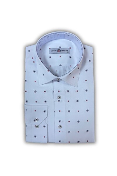 MDZ COLLECTION Beyaz Kırmızı Mavi Nokta Detaylı Uzun Kollu Slim Fit Erkek Gömlek