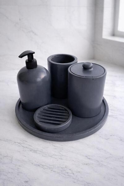 Liva Home Life 6 Parça Beton Banyo Seti Sıvı ve Katı Sabunluk Pamukluk Diş Fı...