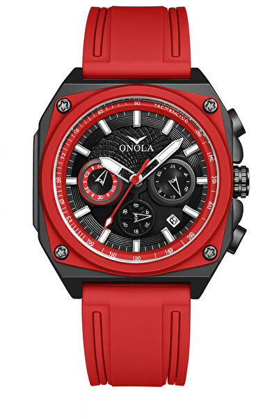 onola Men's watch 6847, chronograph, MIYOTA quartz, 3BAR, silicone strap, 48.5 mm, red/red