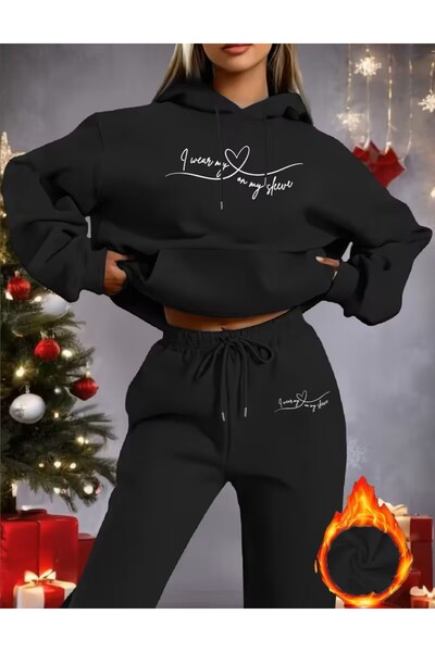 LELVANİ Valentine's Day Heart Series Pattern Print Bottom-Top Hooded Tracksui...