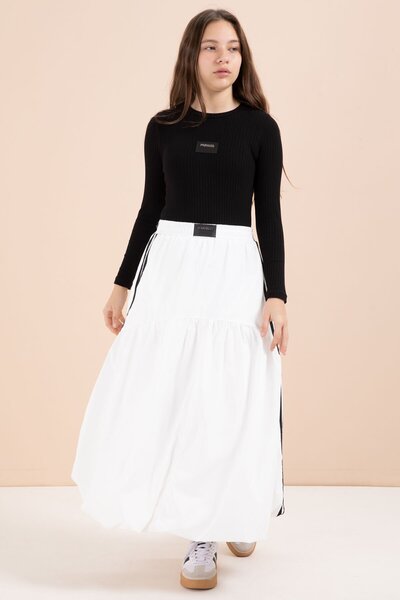 Cansın Mini White Striped Balloon Skirt Long Sleeve Bodysuit 2-Piece Girl's Set 23464