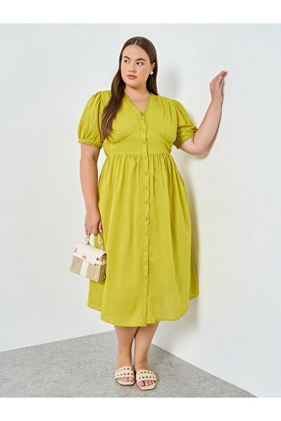 Styli Plus Size Cotton Midi Dress with Puff Sleeves