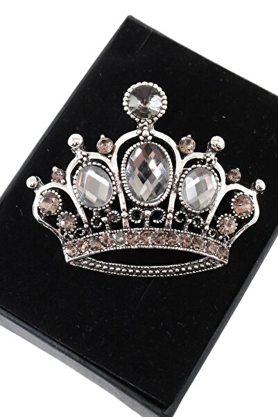 KEEBA Işıltılı Kraliçe Tacı Broş, Dumanlı kuvars tonlu taşlı eskitme gümüş vi...