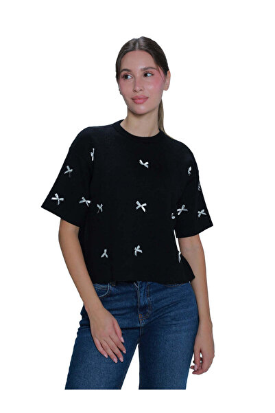 jöns since 1997 Women's Bow Detailed Short Sleeve Wide Knit Sweater