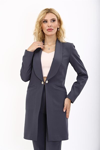 ÖNDER ÖZSOY معطف طويل للنساء المحجبات مع ياقة شال وجيب - لون دخاني