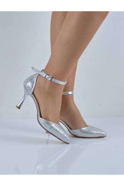 Şanslı Ayakkabıcılık Silver Plated Stone Banded Champagne Heeled Evening Dress Shoes