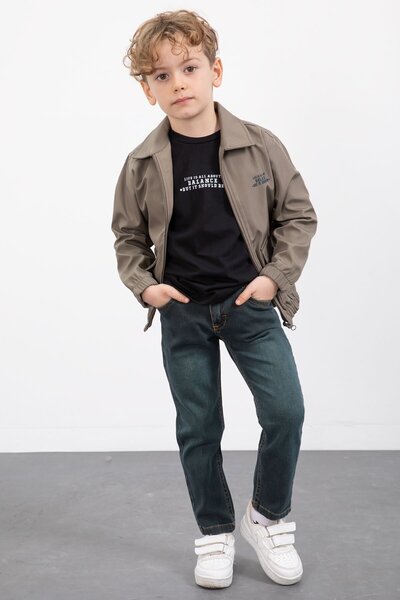 Cansın Mini طقم من 3 قطع للأولاد مع جاكيت كاكي بجيوب وبنطلون جينز 23385