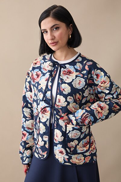 InStyle Floral Pattern Quilted Navy Blue Jacket