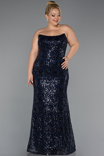 Abiyefon Lacivert Straplez Yaka Uzun Boncuklu Büyük Beden Abiye ABU5347