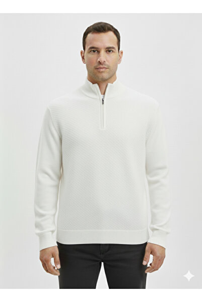 venüsdijital Half Fishbone Collar Zippered Honeycomb Textured Knitwear Sweater