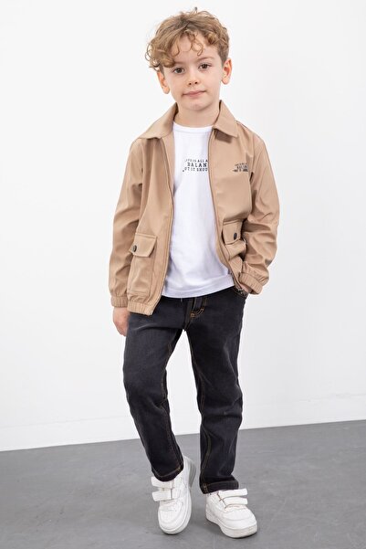 Cansın Mini Boy's 3-Piece Set with Brown Snap Pocket Jacket and Jeans 23384