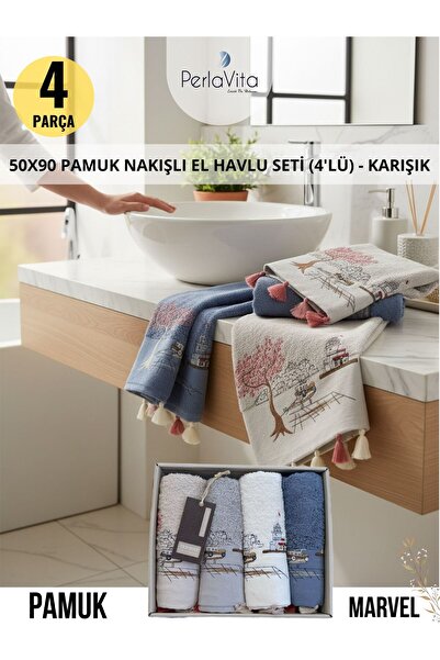 Dantela KOD-8040 50X90 PAMUK NAKIŞLI VE PÜSKÜLLÜ EL HAVLU SETİ (4'LÜ) - KARIŞIK