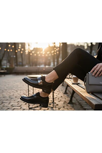 BAYRAMOĞLU KUNDURA Mocasini negri stil femei, cu detaliu bandă elastică pe pa...