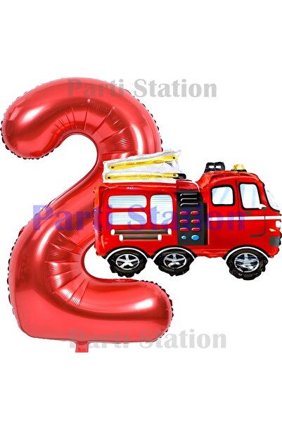 Parti Station Fireman Fire Department Concept 2 Year Old Red Foil Number Balloon Set