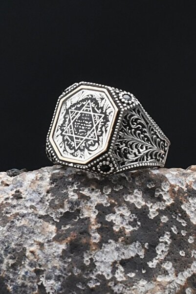 Prestige Kare Tasarımlı Hz. Süleyman Mührü 925 Ayar Gümüş Yüzük Mineli 902485
